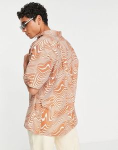 Shirt by Topman Spread collar Button placket Short sleeves Regular fit | Topman cotton shirt in brown and off white wave print Wave Print, Print Trends, Button Placket, Fashion Prints, Cotton Shirt, Bell Sleeve Top, Asos, Short Sleeves, Off White