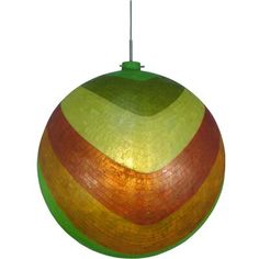 a green and yellow ball ornament hanging from a ceiling