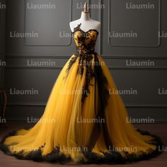 Yellow And Black Gown, Yellow And Black Wedding Dress, Black And Yellow Wedding Dress, Yellow Wedding Dress The Bride, Huffle Puff, Yule Ball Dress, Yellow Wedding Dress, Orange Dresses, Black Homecoming Dress