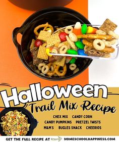 a halloween treat mix recipe in a black bowl