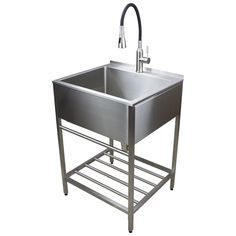 a stainless steel sink with two faucets on each side