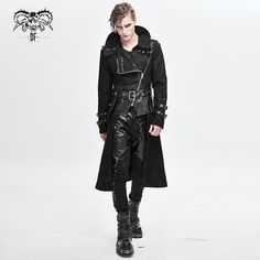 This punk coat is edgy and stylish with its twill and faux leather panels.The high-collar has got snap buttons which can be undone if preferred. The coat also features a belt with a buckle, a zipper that runs down it, lots of metal embellishments and more snap buttons on sleeves and shoulders.The pouch is attached near the right shoulder with snap buttons and the belt can be detached too. Product Specifications: Style: Punk Fabric:80% Cotton, 3% Spandex, 17% Synthetic Leather Custom Cast, Punk Men, Statement Collar, Long Trench Coat, Fashion Now, Military Uniform, The Shadows, Dieselpunk, Online Retail