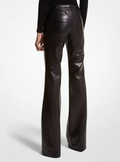 A streamlined wardrobe staple, these flared pants feature classic 5-pocket styling for a relaxed look. Made in Italy from supple lambskin, they’re a glamorous addition to your night—and day—rotation. Fitted Leather Wide-leg Pants, Elegant Full-length Pants With Five Pockets, Classic Fitted Leather Pants With Five Pockets, Modern Fitted Wide Leg Leather Pants, Leather Wide Leg Pants For Fall, Fall Leather Wide Leg Pants, Formal Leather Bottoms For Fall, Luxury Fitted Straight Leather Pants, Leather Flare Bottoms For Work