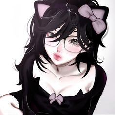 a drawing of a woman with black hair and cat ears on her head, wearing a black dress