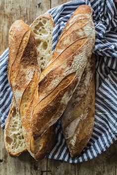 two loaves of bread sitting on top of a blue and white towel