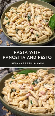 pasta with pancetta and pesto in a bowl