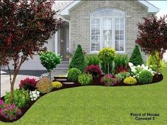 the front yard is full of flowers and trees