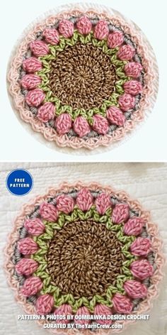 crocheted doily with two different colors and patterns on the bottom, one is pink