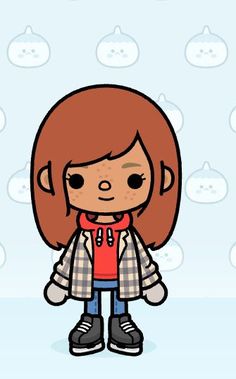 an animated girl with brown hair and black shoes standing in front of snow covered ground