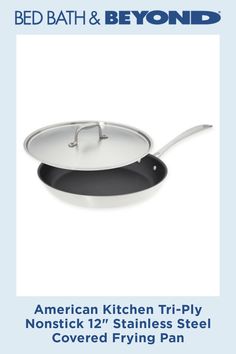 an american kitchen tri - ply nonstick frying pan is shown in this ad