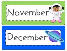 two signs with the words november and december written in different languages, each one has an astronaut on it