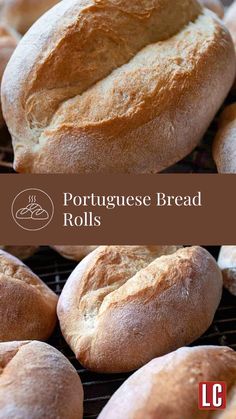 bread rolls are cooling on a rack with the words portuguese bread rolls