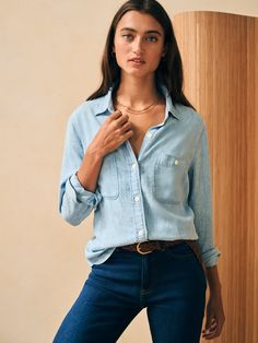 Tried & True Chambray Shirt - Mid Wash Shirt Styling, Toned Women, Work Shirt, Dress Shirts For Women, Chambray Shirt, Spring Tops, Sweater Sale, Work Shirts, Fall Shirts