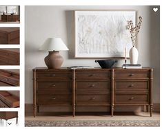 an image of a dresser with drawers and lamps on it's sideboard in various angles