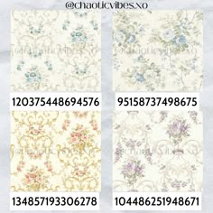 four different types of wallpapers with flowers and vines on them, all in various colors