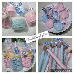 three pictures of pink and blue baby shower items in plastic bags with ribbons on them