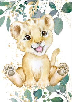 a watercolor painting of a baby lion cub sitting in front of leaves and flowers