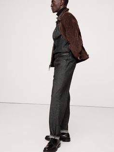 We borrowed the silhouette of a classic tapered men's trouser and reimagined it in a rugged denim woven from cotton and hemp.  Here, we opted for a slightly higher rise with a straight fit through the seat and thigh and a subtly tapered leg as a nod to the season's 90s-inspired styles.  Vintage-Straight Fit: High-rise.  Relaxed-straight fit from hip to knee with a tapered leg.  15. 5" leg opening.  Organic: Made with 80% certified, organically grown cotton that's easier on the earth.  Zip fly wi Tailoring Jeans, Straight Trousers, 90s Inspired, Trouser Jeans, Mens Trousers, First Look, Black Jeans, Fashion Inspo, High Rise