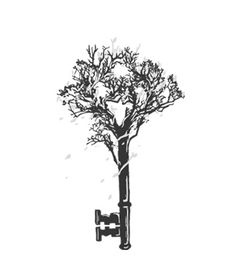 a black and white drawing of a tree with no leaves on it, next to a faucet