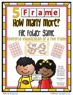 five frame game with two children and the words how many more?