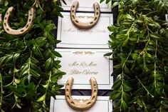 the wedding rings are placed on top of each other in front of some greenery