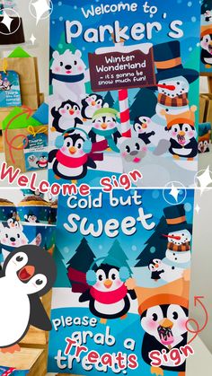 penguins welcome sign and children's books for winter