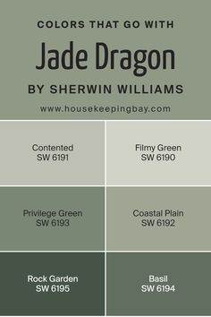 Colors that Go With Jade Dragon SW 9129 by Sherwin Williams Filmy Green, Sw Green Paint, Privilege Green, Sw Green Paint Colors, Jade Paint, Sherwin Williams Green, Coastal Plain, Jade Dragon, Green Paint Colors