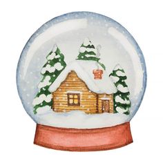 a snow globe with a house in the middle and trees inside it, on a white background