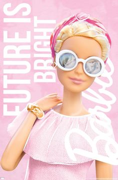 a barbie doll wearing sunglasses and a pink dress with the words future bright on it