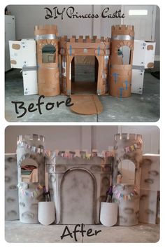 before and after photos of a castle made out of cardboard