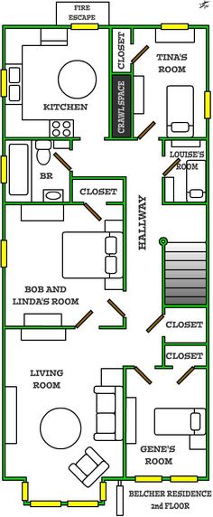 the floor plan for a small house with two bedroom and living room in each corner