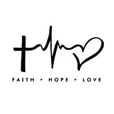 the word faith hope love with a heart and cross on it's side in black ink