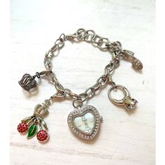 Never Worn, Back Of Watch Still Has Protective Covering Link Bracelet With Charms: Crown, Cherries, Watch, Ring, Shoe Bundle For A Deal! Nana Core, Chunky Charm Bracelet, Charm Bracelet Watch, Watch Ring, Protective Charms, Bracelet With Charms, Diy Fashion Clothing, Jewelry Lookbook, Silver Charm Bracelet