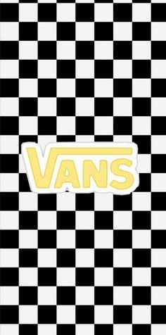 the word vans on a black and white checkerboard background with yellow stickers