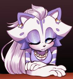 a drawing of a cat with long white hair and blue eyes sitting on top of a table