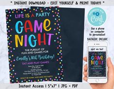 a person holding up a game night party poster with an iphone in front of it