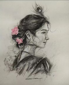 a drawing of a woman with flowers in her hair