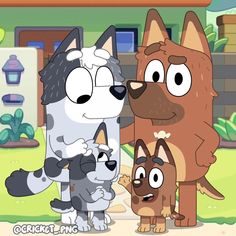 the cartoon family is standing together in front of their dog house, and they are all looking at each other