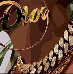 the word doro spelled out in gold letters on a brown background with other items