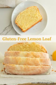 gluten - free lemon loaf on a white plate