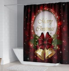 a christmas themed shower curtain with bells and holly wreaths on the bottom, merry christmas