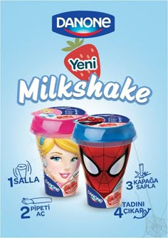 an advertisement for yomi milkshake with spiderman and strawberry on the side