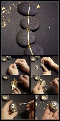 the steps to make a gold and silver tree ornament are shown in this collage