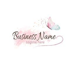 the logo for a business name with a butterfly on it's back and pink watercolor