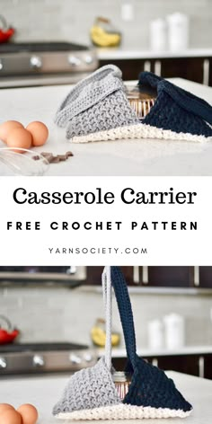 crocheted basket with eggs in it and the text casserole carrier free crochet pattern