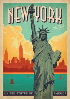 the statue of liberty is shown in this vintage style poster from new york, usa