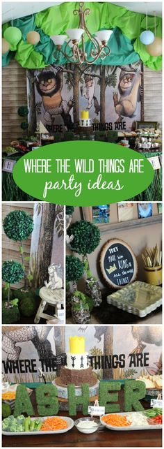 the party table is decorated with green and white decorations, including an animal themed sign