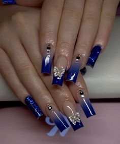 Acrylic Nails Medium Length, Acrylic Nails Medium, Nails Royal Blue, Blue Gold Nails, Sweet 16 Nails, Quince Nails