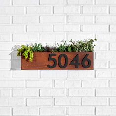 a brick wall with a planter on it and the number 504 written in black