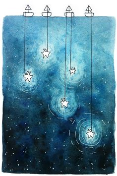 five stars hanging from strings in the sky with blue watercolor paint and white ink